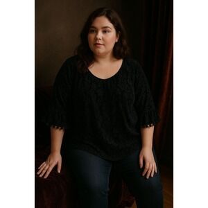 Womens Sheer Velvet Burnout Top Plus Size 0X Black Pom‎ Pom Sleeve Romantic Chic